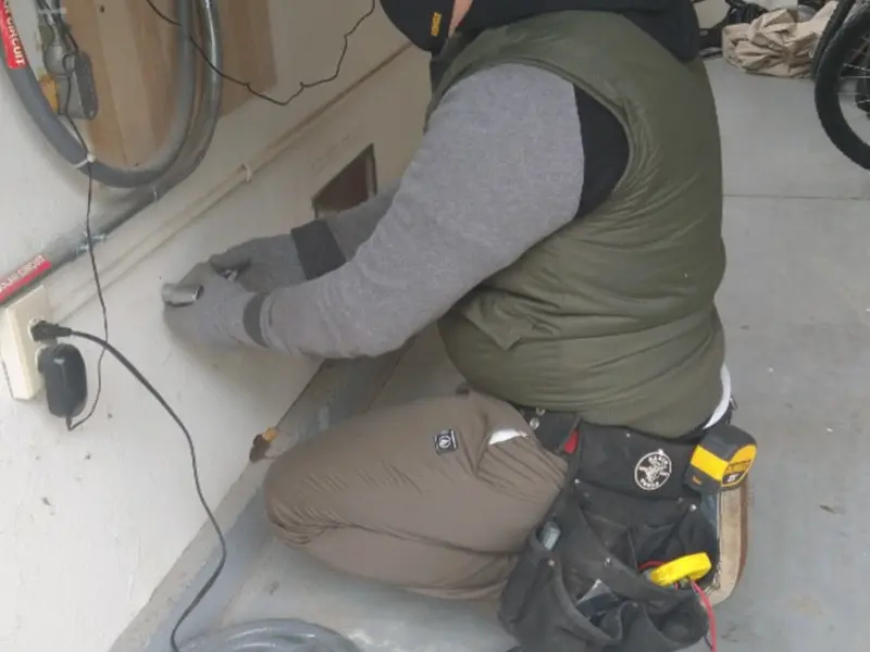 Electrician performing outlet wiring in a Moriah garage